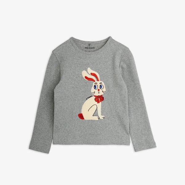 Grey melange ribbed long sleeve top featuring a white rabbit application with a red bow.