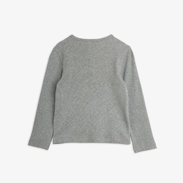 Grey melange ribbed long-sleeved top with a round neck, shown from the back.
