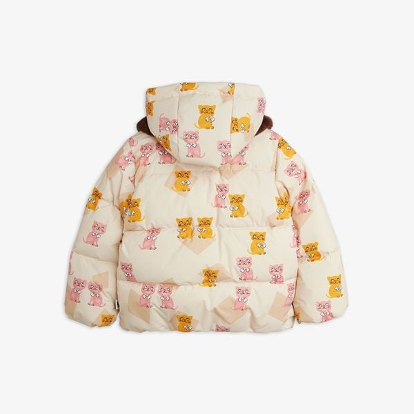 Beige puffer jacket featuring an all-over Kittens print, a hood, and a brown faux fur collar, back view.