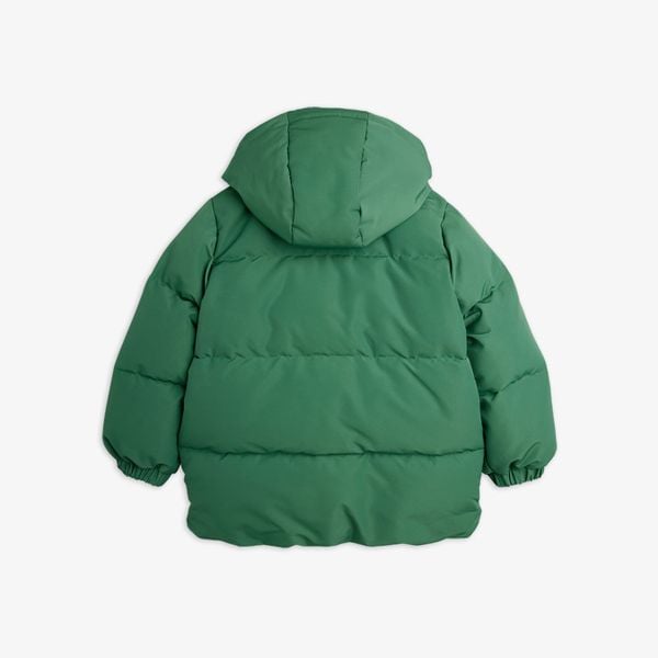 Solid green heavy puffer jacket with a padded construction and hood, viewed from behind.