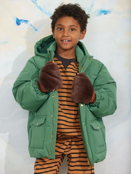 Solid forest-green heavy puffer jacket with a hood, worn by a child wearing brown furry mittens and a striped top.
