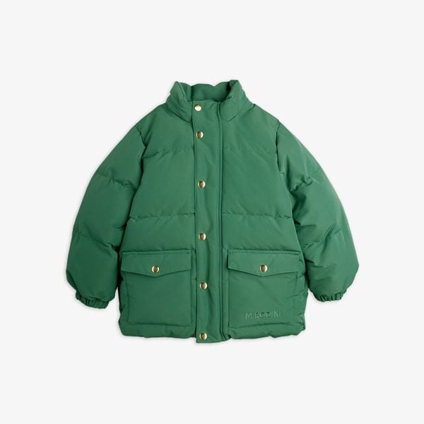 Solid forest green heavy puffer jacket with brass snap buttons and M.Rodini pocket branding.