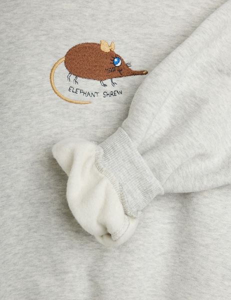 Grey melange sweatshirt featuring Elephant shrew embroidery and a soft brushed interior.