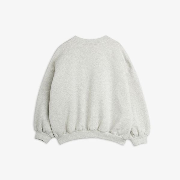 Grey melange sweatshirt shown from the back featuring long sleeves and ribbed trims.