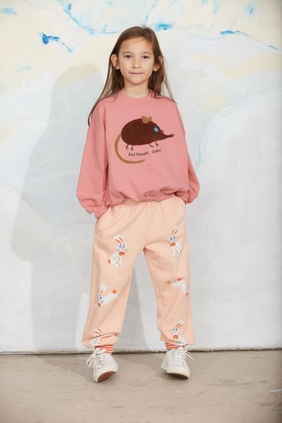 Pink sweatshirt featuring an elephant shrew chenille application on the chest, worn by a model.