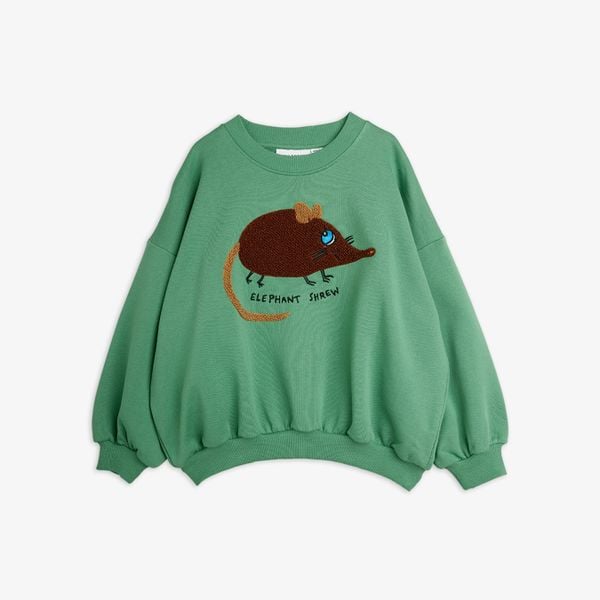 Green sweatshirt featuring a brown Elephant shrew chenille patch and dropped shoulders.