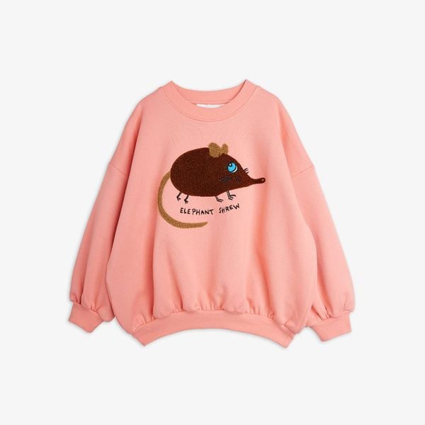 Pink organic cotton sweatshirt featuring a brown Elephant shrew chenille application on the front.