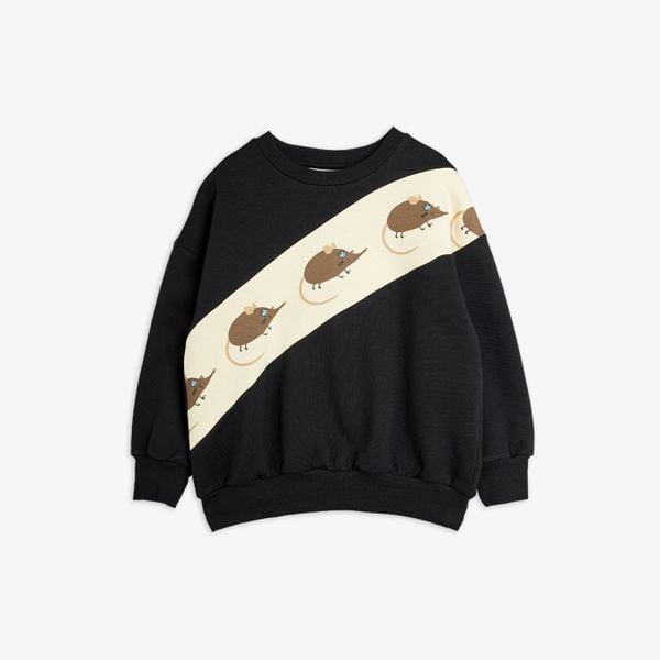 Black sweatshirt with a diagonal cream panel featuring an Elephant shrew print and ribbed trims.