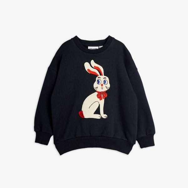 Black crew neck sweatshirt featuring a white Rabbit application with a red bow and ribbed trims.