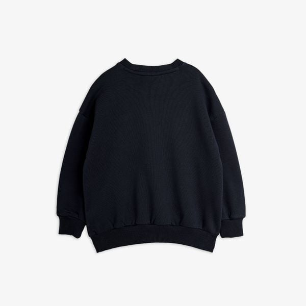 Black sweatshirt shown from the back featuring a ribbed crew neck, cuffs, and bottom hem.