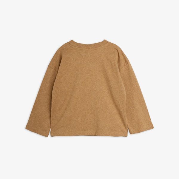 Brown melange organic cotton long-sleeved top, back view, featuring dropped shoulders and ribbed neck.