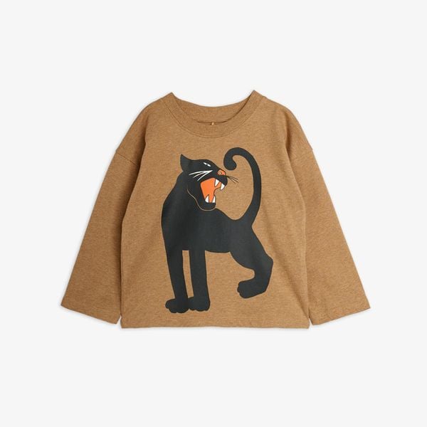 Brown melange long sleeve top featuring a black Panther print and dropped shoulders.