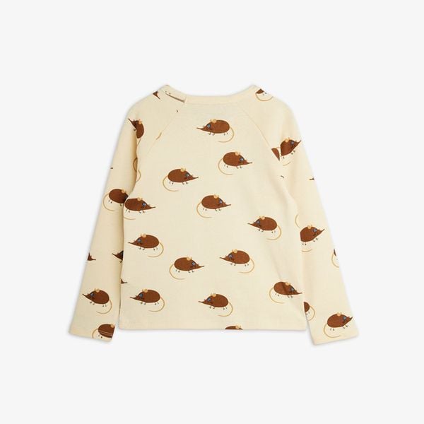 Beige organic cotton long-sleeved T-shirt featuring an all-over Elephant shrew print, back view.