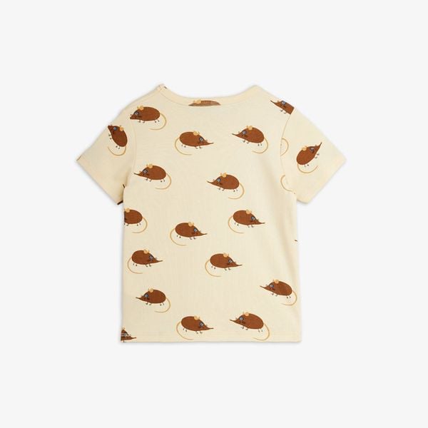 Beige short-sleeved T-shirt with a repeat brown Elephant shrew print, shown from the back.