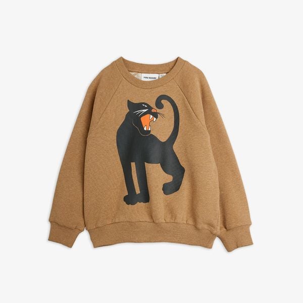 Brown melange sweatshirt featuring a large black Panther print on the front and raglan sleeves.