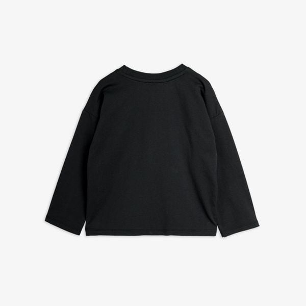 Black long-sleeved top seen from the back featuring a crew neck and relaxed fit.