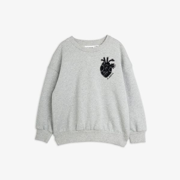 Grey melange organic cotton sweatshirt featuring a black anatomical heart application and ribbed trims.