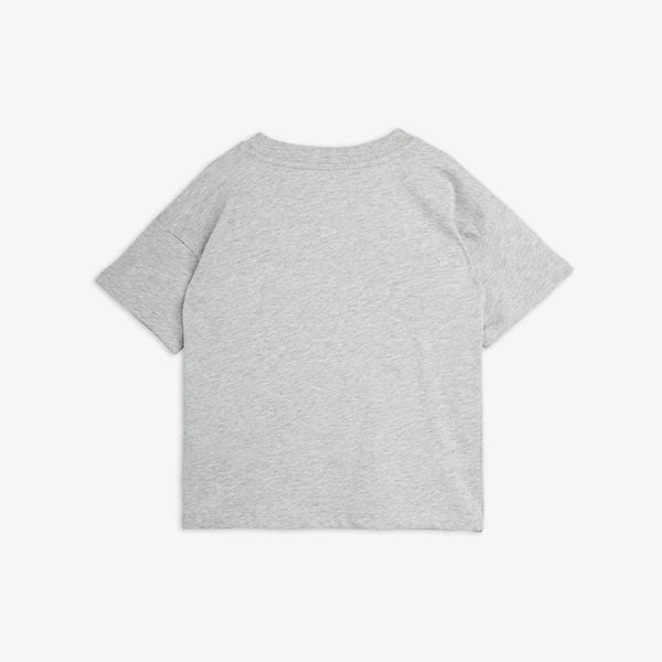 Grey melange short-sleeved t-shirt from the back with dropped shoulders and a ribbed crew neck.