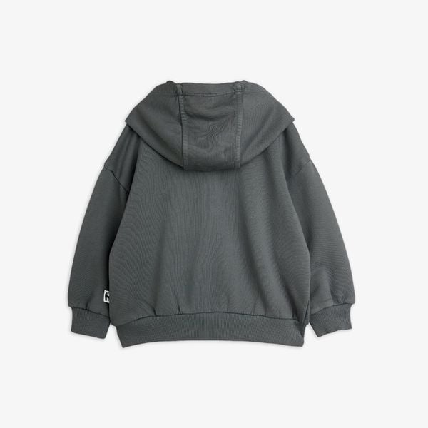 Grey organic cotton hoodie seen from behind, featuring a large hood and ribbed trims.