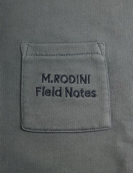 Close-up of the grey hoodie's front pocket with embroidered Field Notes text.