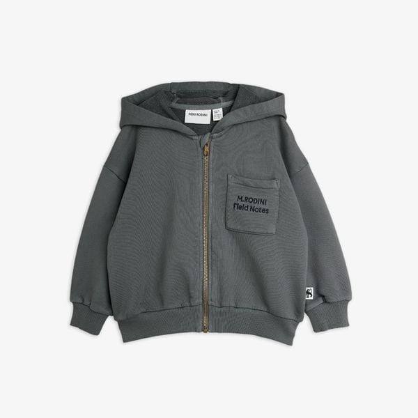 Grey zip-up hoodie featuring Field Notes embroidery on the chest pocket and ribbed trims.