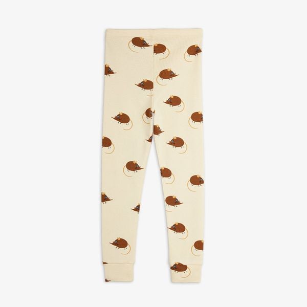 Beige organic cotton leggings with an Elephant shrew print, elastic waist and ribbed cuffs.
