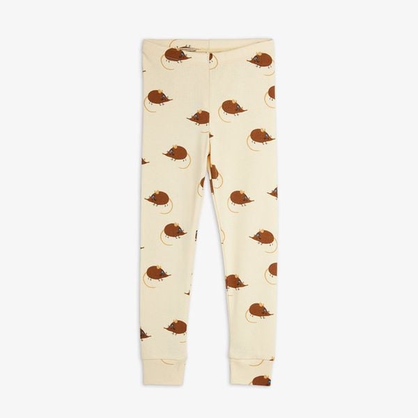 Beige organic cotton leggings with a brown Elephant shrew print, elastic waist and ribbed cuffs.