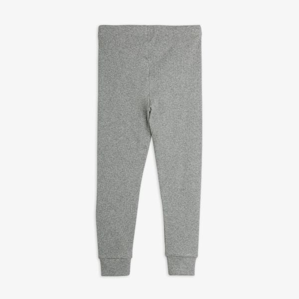 Grey melange leggings featuring an elastic waist and ribbed cuffs at the leg ends.