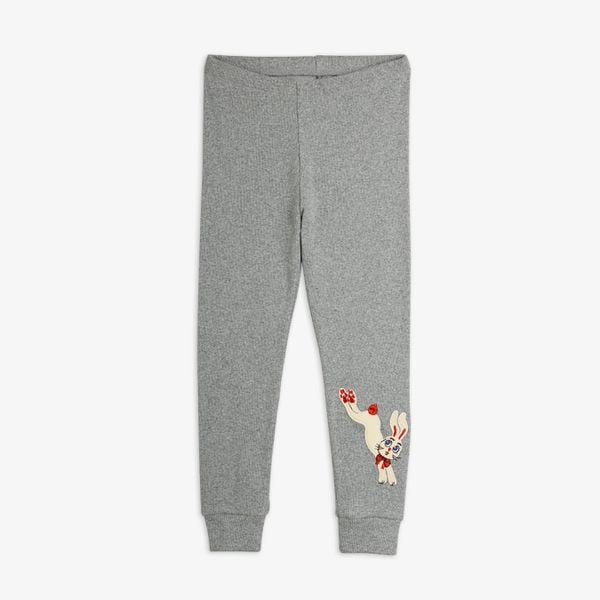 Grey melange baby leggings featuring a rabbit application on the leg and ribbed cuffs.