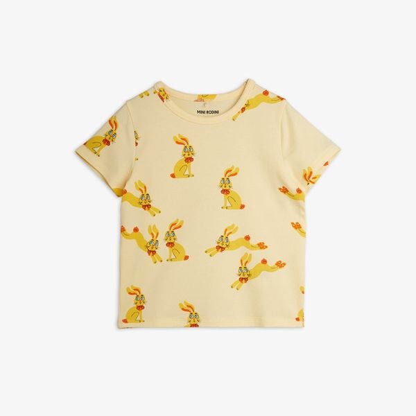 Yellow short-sleeved T-shirt featuring an all-over Rabbits print with orange details.