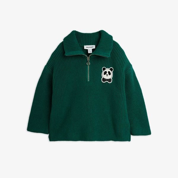 Green chunky knit sweater featuring a silver half-zip and a signature Panda patch on the chest.