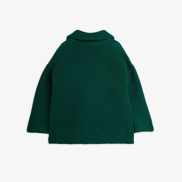 Green chunky knit sweater featuring a ribbed high collar and long sleeves, back view.