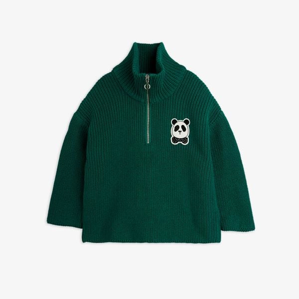 Green chunky knit sweater featuring a half-zip, high collar, and a signature panda patch on the chest.