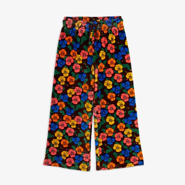 Multi-colored Violas print velour trousers featuring an elasticated waist and brown drawstring.