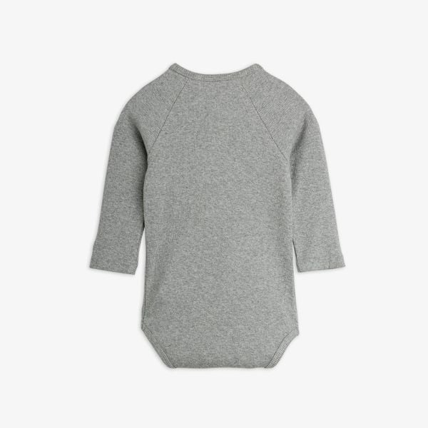 Grey melange long-sleeved ribbed bodysuit shown from the back with raglan sleeves.