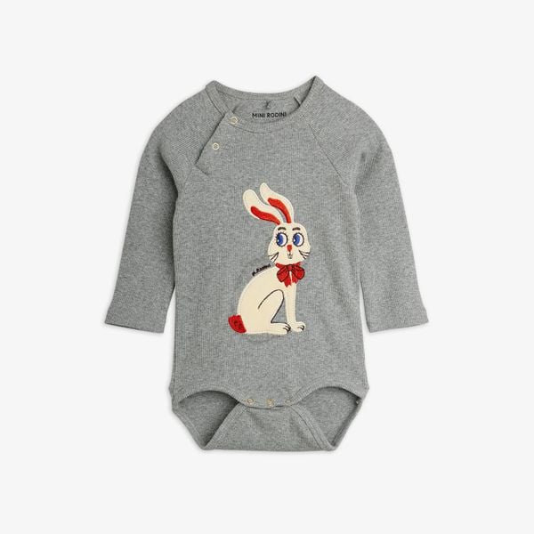 Rabbit application on a grey melange long-sleeved bodysuit with shoulder and crotch snap buttons.