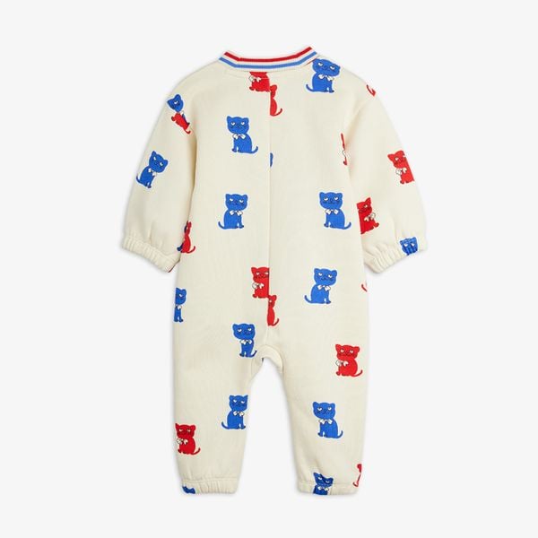 Off-white baby bodysuit with a red and blue Kittens print and a striped ribbed neckline.