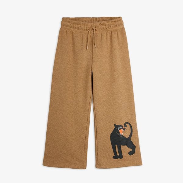 Brown melange wide-leg sweatpants featuring an elastic drawstring waist and a black Panther motif.