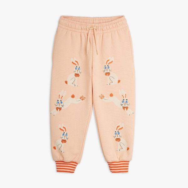 Pink sweatpants featuring a Rabbit print, drawstring waist, and orange striped leg cuffs.