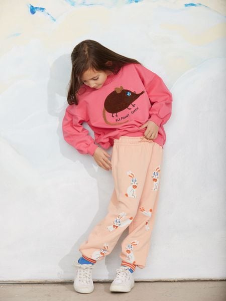 Pink sweatpants with a rabbit print and matching pink sweatshirt featuring an elephant shrew motif, worn by a child.