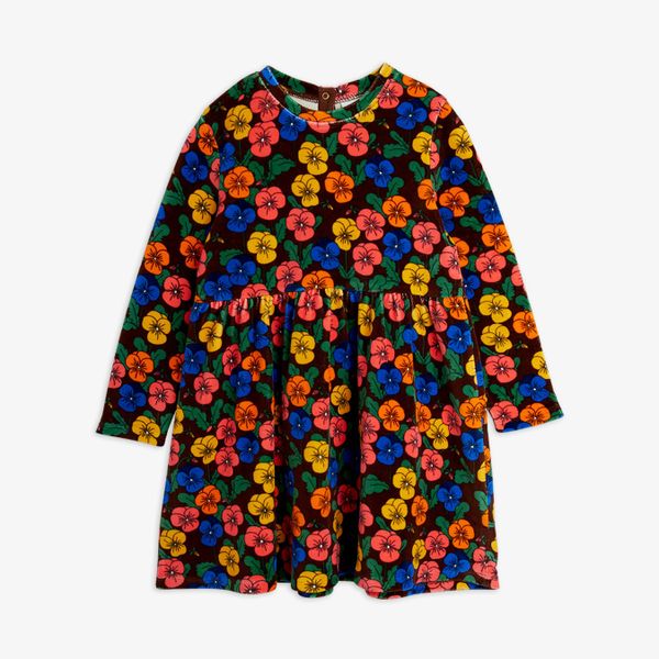 Long-sleeved brown velour dress featuring a colorful Violas floral print and a flared skirt.