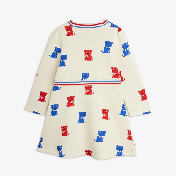 Off-white long-sleeved sweatdress featuring a red and blue Kittens print and striped ribbing at the waist and neck.