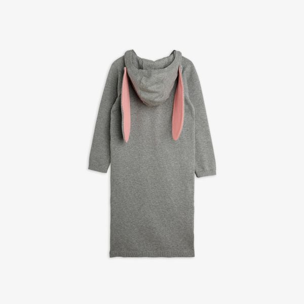 Grey melange fine knit dress with pink-lined rabbit ears on the hood, back view.