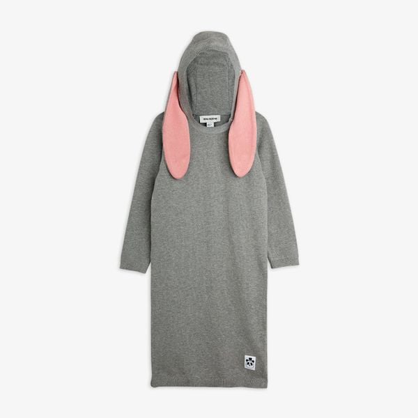Grey melange fine-knit dress featuring a hood with long pink rabbit ears and a small panda patch at the hem.