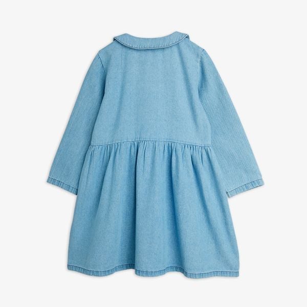 Blue denim dress with a Peter Pan collar and gathered waist, viewed from the back.