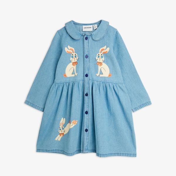 Blue denim dress featuring a Rabbit print, Peter Pan collar, and button-up front.