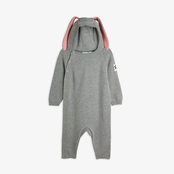 Grey melange fine knit baby jumpsuit featuring a hood with pink rabbit ears and snap buttons.