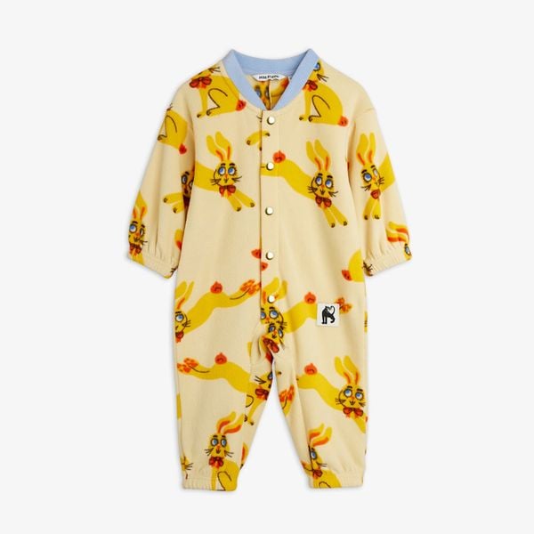 Yellow fleece bodysuit featuring a Rabbit print, light blue collar, and front snap buttons.