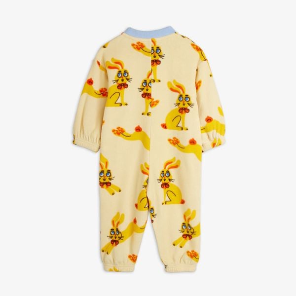 Yellow fleece bodysuit featuring a Rabbit print and light blue collar, back view.