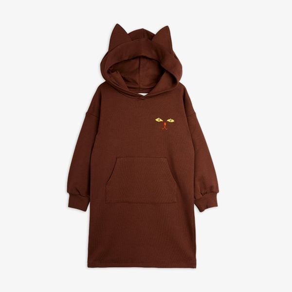 Brown hoodie sweatdress with cat ears, kangaroo pocket, ribbed sleeve ends and a cat motif.